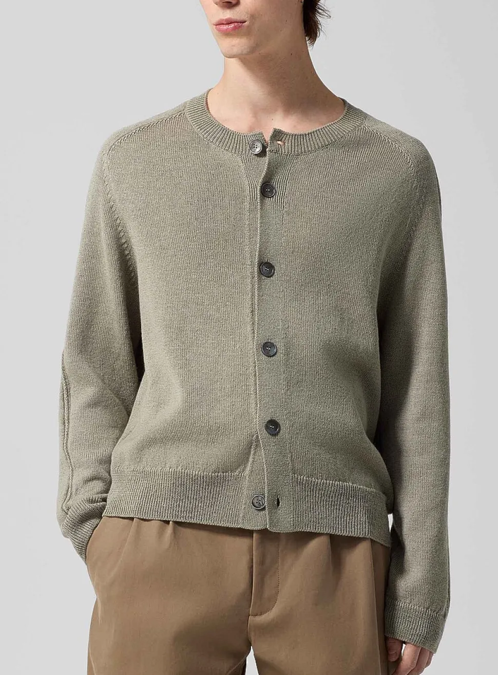 Linen and merino wool blend crew-neck cardigan