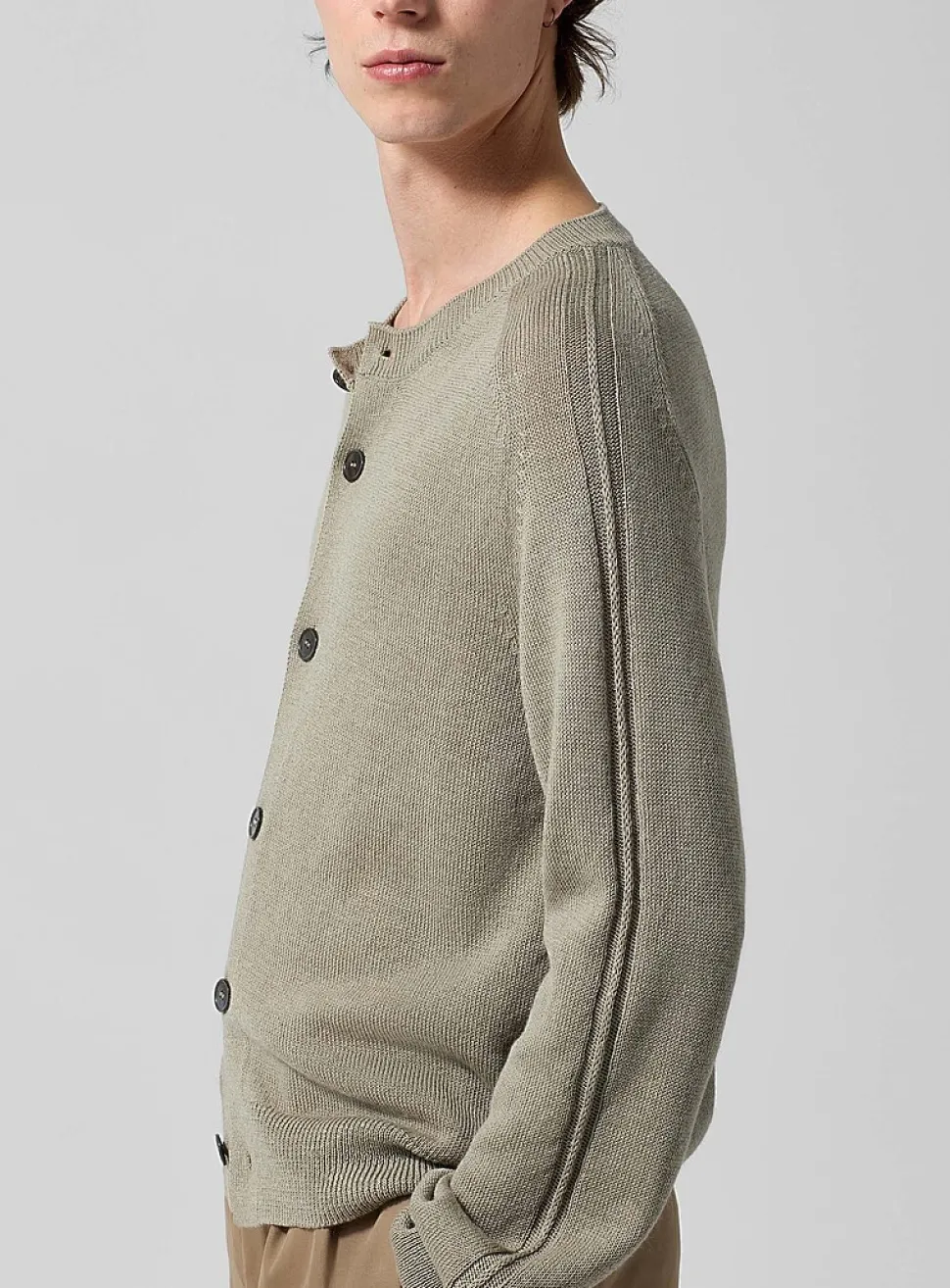 Linen and merino wool blend crew-neck cardigan