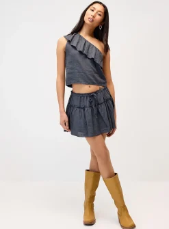 Linen-blend ruffled single-shoulder cami