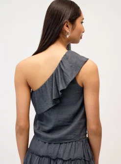 Linen-blend ruffled single-shoulder cami