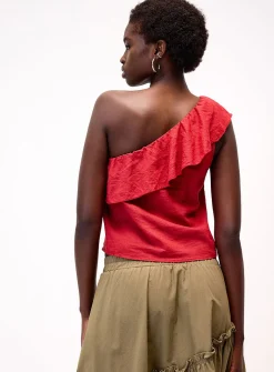 Linen-blend ruffled single-shoulder cami