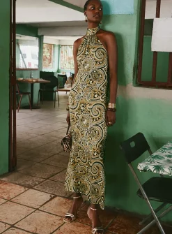 Luxurious paisley halter maxi dress