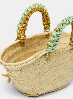 Macrame braided palm leaf basket mini-bag