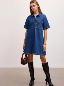 Mara indigo denim polo-collar A-line minidress