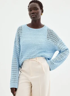 Metallic-accent openwork sweater