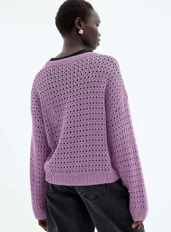 Metallic-accent openwork sweater