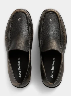 Metallized letter distressed leather loafers