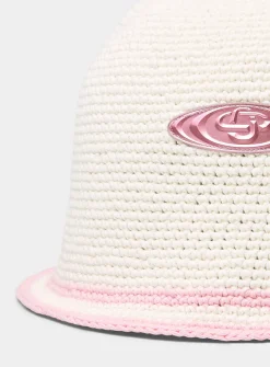 Metallized logo crocheted knit bucket hat