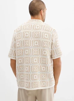 Mosaic crochet polo-collar cardigan
