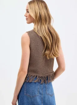 Natural knit fringed sweater vest
