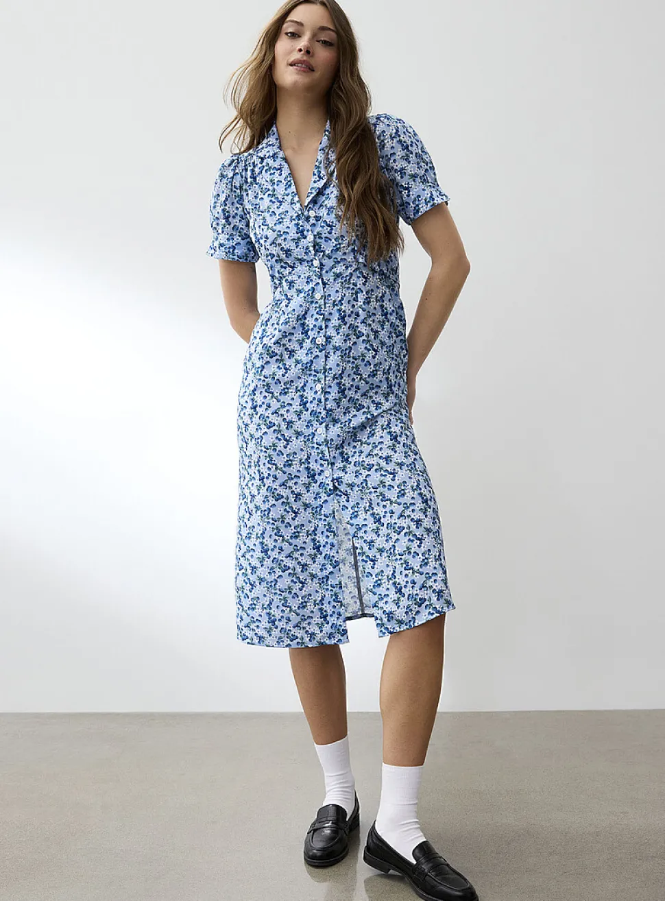 Notch collar belted midi dress