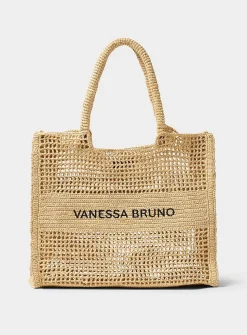 Openwork braided raffia tote