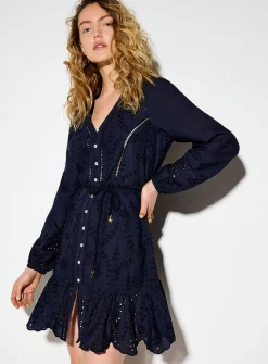 Openwork broderie anglaise belted minidress