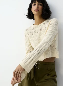 Openwork knit cropped bell-sleeve sweater