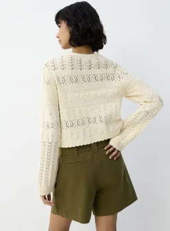 Openwork knit cropped bell-sleeve sweater