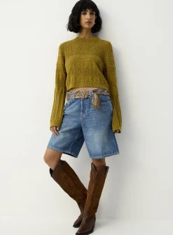 Openwork knit cropped bell-sleeve sweater
