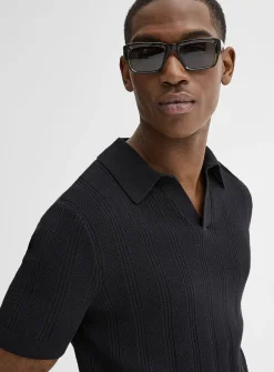 Openwork knit Johnny collar polo