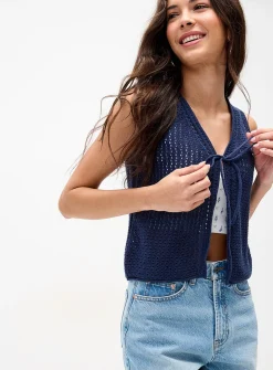 Openwork knit open sweater vest