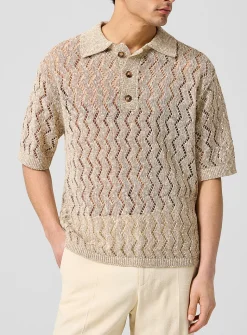 Openwork knit polo collar sweater