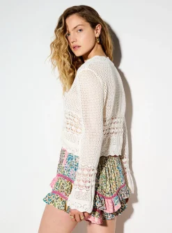 Openwork knit tie-up cropped cardigan