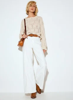 Openwork knit tie-up cuffs sweater