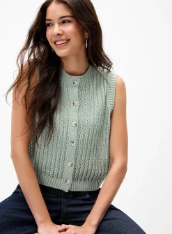 Openwork rib-knit button-up sweater vest