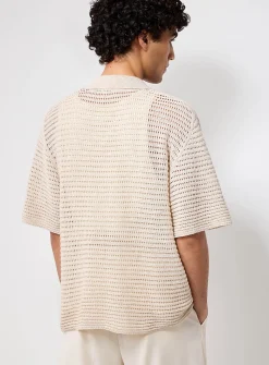 Openwork-stripe polo-collar cardigan