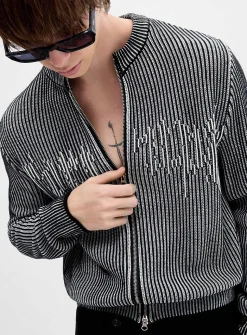 Optical ribbed-knit zipped cardigan