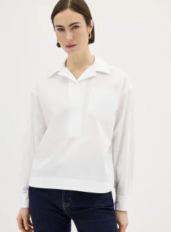 Patch pocket open-collar loose blouse