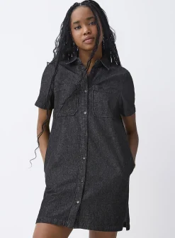 Patch-pocket denim shirt dress