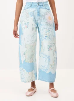 Patchwork print barrel-leg jean