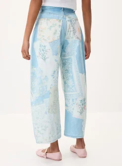 Patchwork print barrel-leg jean