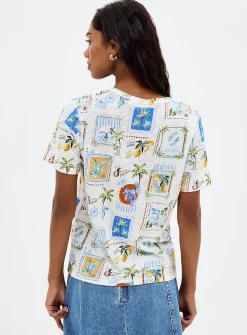 Patterned 100% slub linen T-shirt