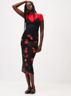Patterned mesh midi skirt