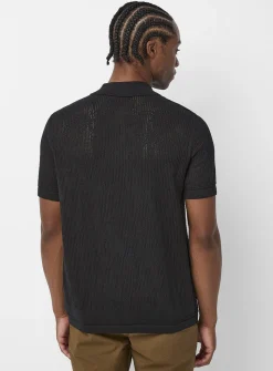 Patterned openwork knit polo-collar cardigan