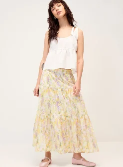 Patterned poplin tiered maxi skirt