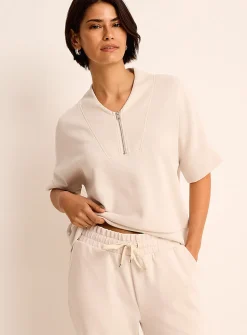 Peachskin-feel zipped V-neck sweatshirt