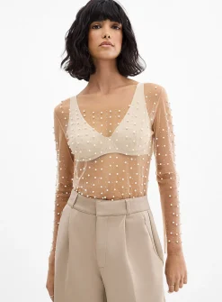 Pearls and crystals mesh T-shirt