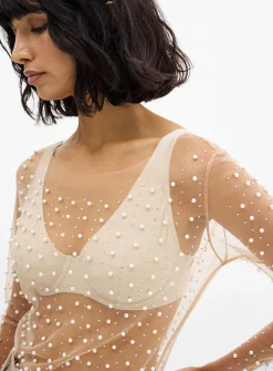 Pearls and crystals mesh T-shirt