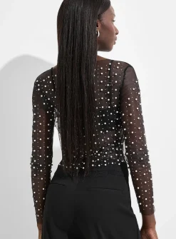 Pearls and crystals mesh T-shirt