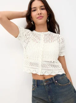 Pearly buttons pointelle knit cardigan