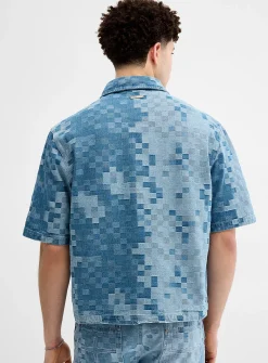 Pixelated checkerboard denim shirt
