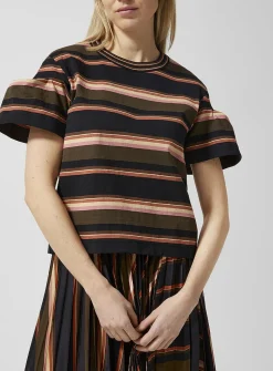 Pleated sleeves striped T-shirt