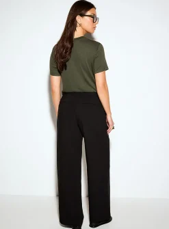 Pleated-waist thick crepe wide-leg pant