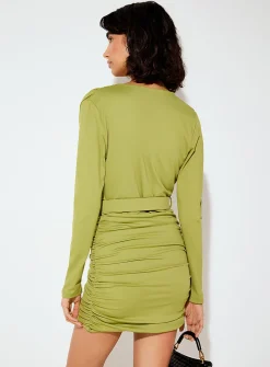 Plunging-neckline belted minidress