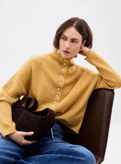 Plush funnel-neck cardigan