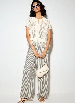 Plush-knit polo-collar fringed cardigan