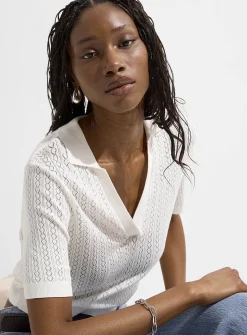 Pointelle knit Johnny-collar short-sleeve sweater