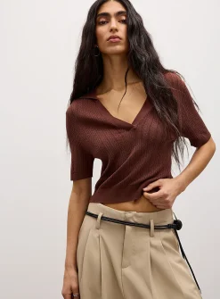 Pointelle knit Johnny-collar short-sleeve sweater