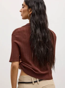 Pointelle knit Johnny-collar short-sleeve sweater